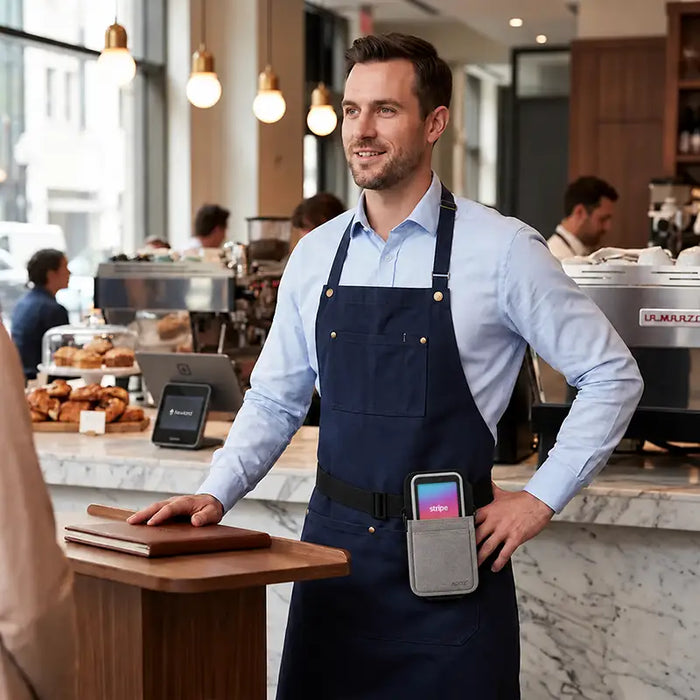 Café worker wearing an Agoz waist belt holster with Stripe Reader S700 and S710 for mobile payment workflows