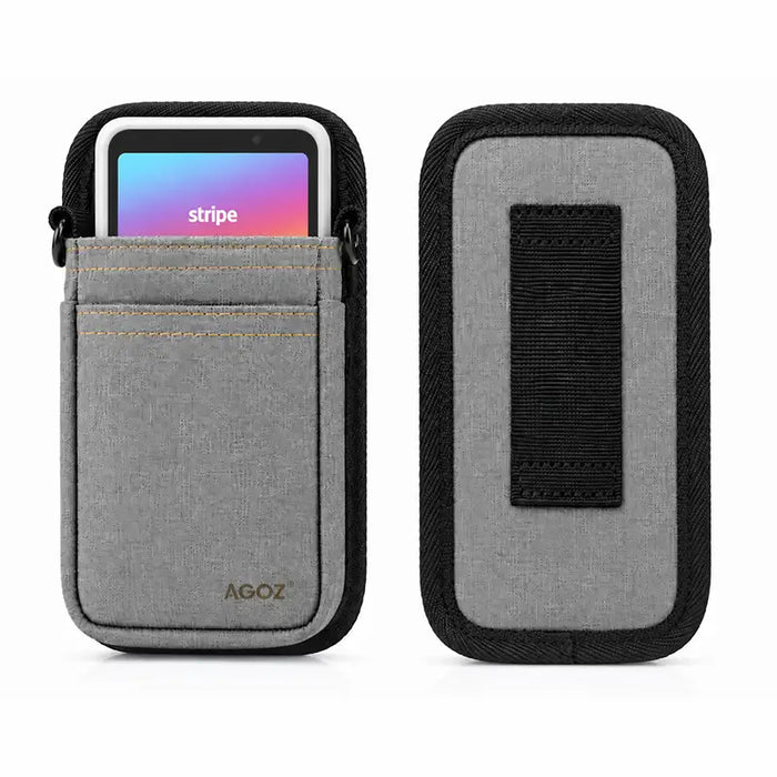 Front and back views of gray Agoz holster compatible with Stripe Reader S700 and S710