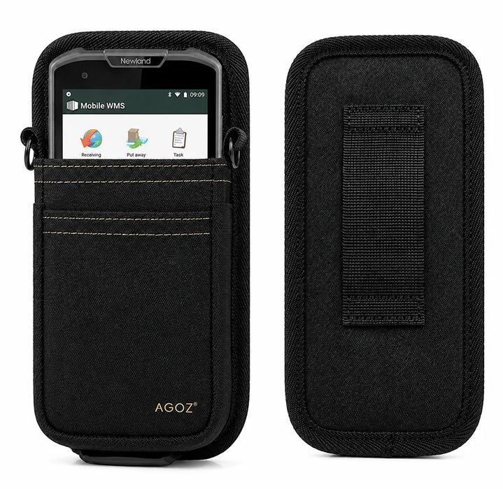 Black Newland mobile terminal waist belt holster shown with front device access and rear belt loop detail for secure inventory carry.