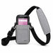Front studio view of the gray AgozTech Point Mobile crossbody holster with Point Mobile handheld device inserted, featuring a black adjustable shoulder strap, padded shoulder section, front pocket, and AGOZ logo on a light background.