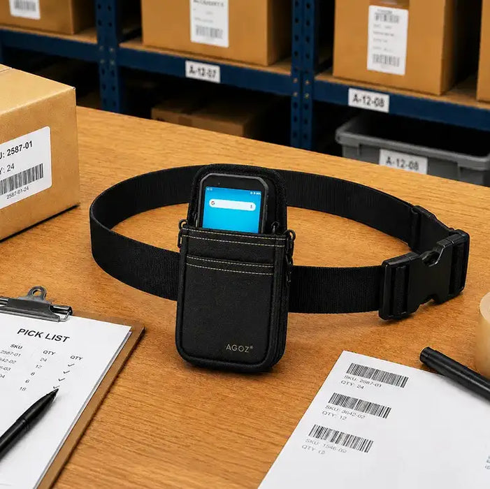 AgozTech Almex Mobile Terminal Waist Belt Case for inventory teams shown on a warehouse packing table with barcode labels, pick list, SKU carton, and black waist belt.