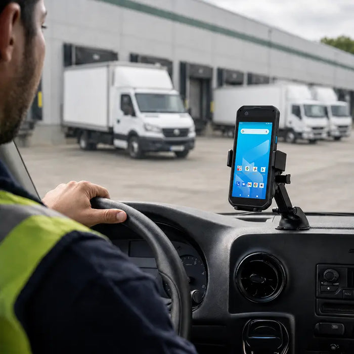 Almex handheld computer in a dashboard cradle mount used in a commercial fleet vehicle