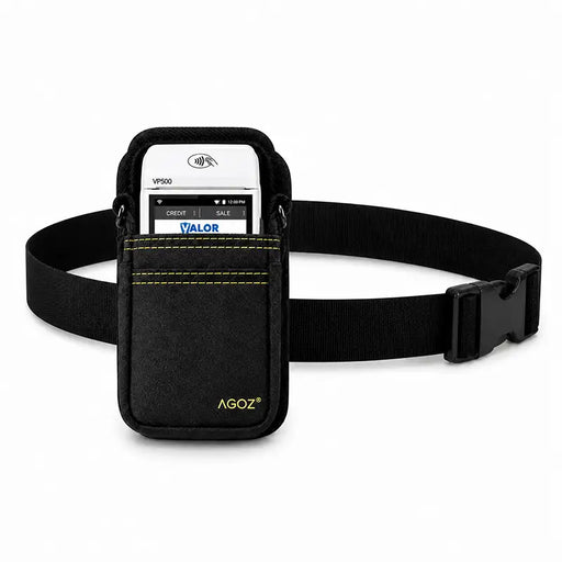 Black Agoz Valor POS terminal holster with rugged adjustable waist belt, secure buckle closure, yellow stitching, and front accessory pocket.