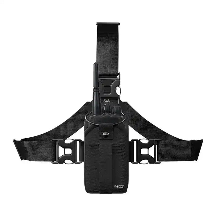 Chest harness pouch for Kenwood two-way radio with front-facing radio holder and adjustable black straps