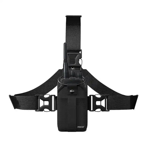 Chest harness pouch for Baofeng two-way radio with front-facing radio holder and adjustable black straps