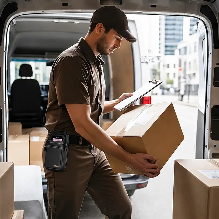Point Mobile waist belt case worn by delivery worker during mobile logistics and package handling workflow