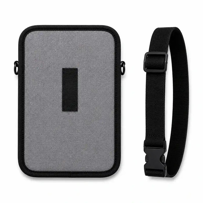 Rear view of the gray AgozTech tablet case with belt loop, D-rings, and adjustable waist belt.