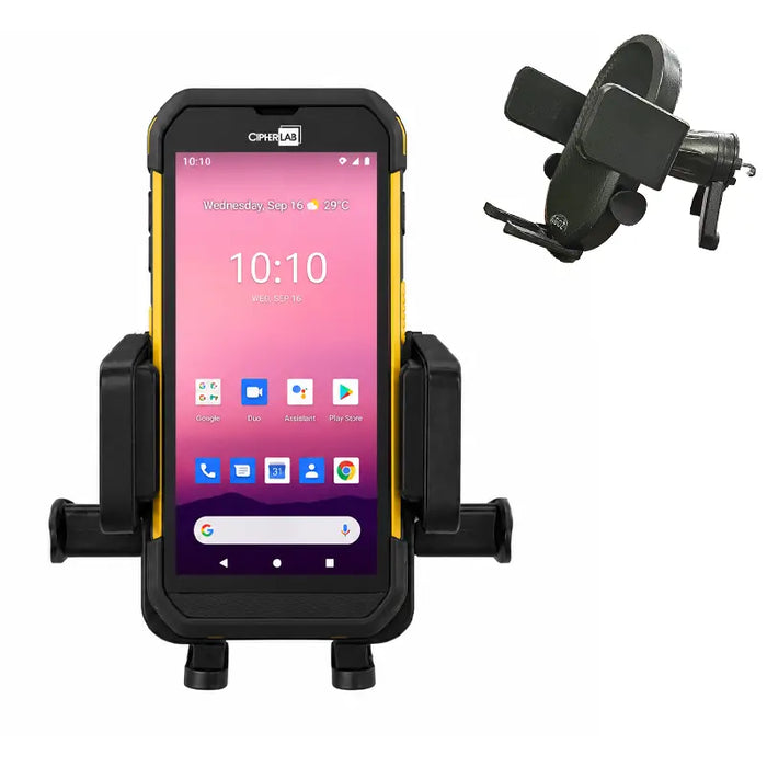 Cipherlab mobile scanner secured in an AgozTech air vent vehicle cradle mount with angled vent holder attachment.
