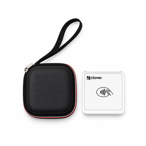 Agoz black Clover Go POS carrying case shown beside a white Clover Go contactless payment reader, featuring a secure zipper, wrist strap, and compact protective design.