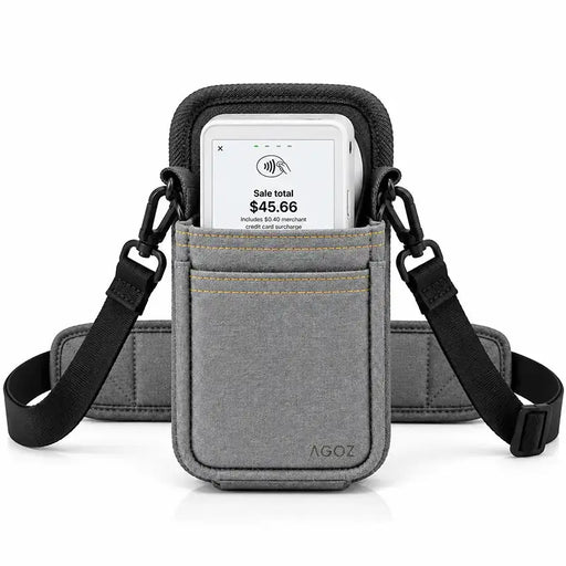 Clover Flex POS terminal in gray Agoz sling holster with adjustable shoulder strap