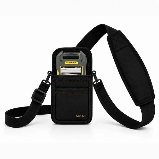 Black Cognex barcode reader sling holster with Cognex handheld computer secured in front pouch and adjustable crossbody strap.