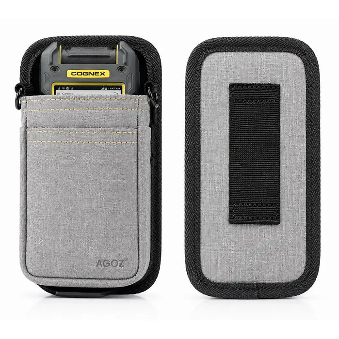 Gray Cognex barcode reader holster front and back views showing Cognex device fit, front pouch, and rear belt clip.