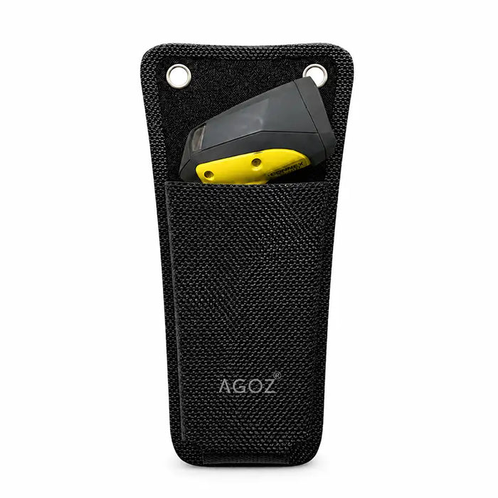 Black Agoz mountable scanner case holding a Cognex barcode scanner with yellow device accents.