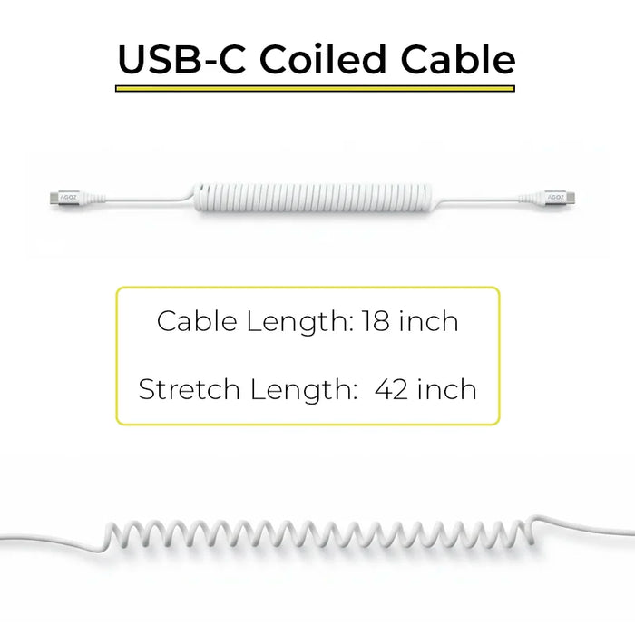 White coiled USB-C charging cable for iMin POS terminals showing 18-inch resting length and 42-inch extended length.