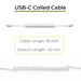 White coiled USB-C charging cable for iMin POS terminals showing 18-inch resting length and 42-inch extended length.