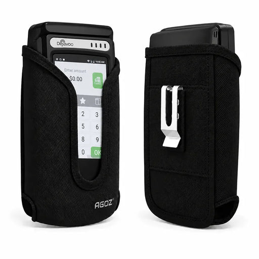Front and back view of black Agoz rugged Dejavoo POS handheld case with secure metal belt clip and belt loop.