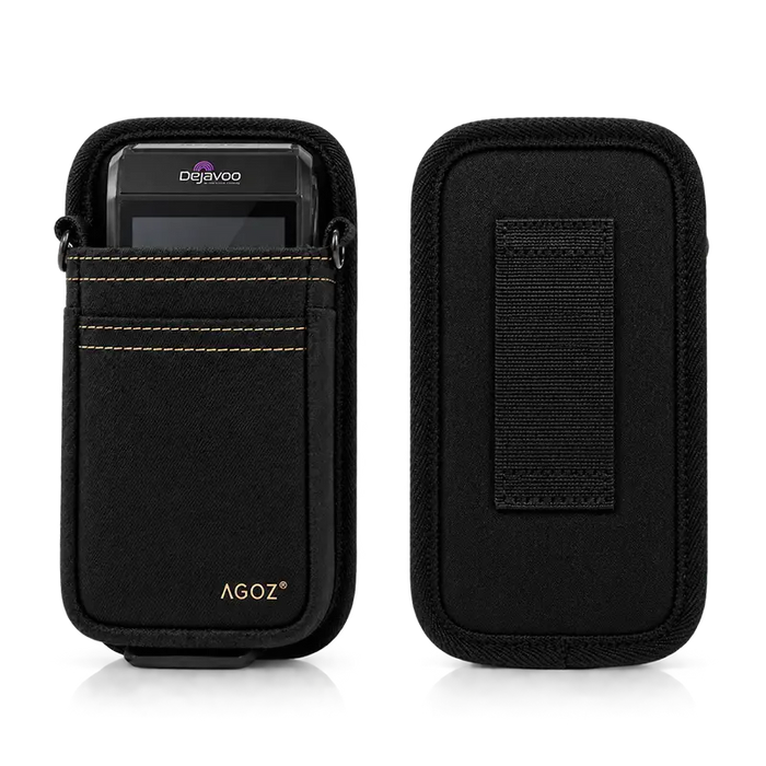 Front and back view of black Agoz Dejavoo POS holster with belt loop