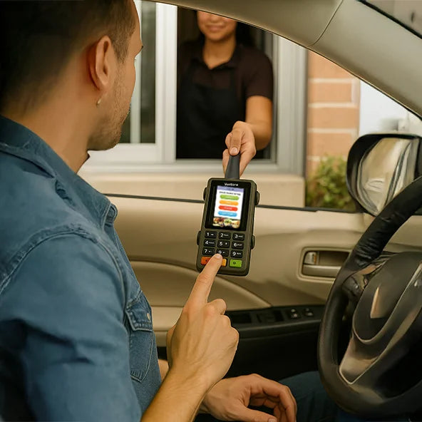 Customer using Square Mobile POS in AgozTech drive-thru handheld mount at drive-thru window