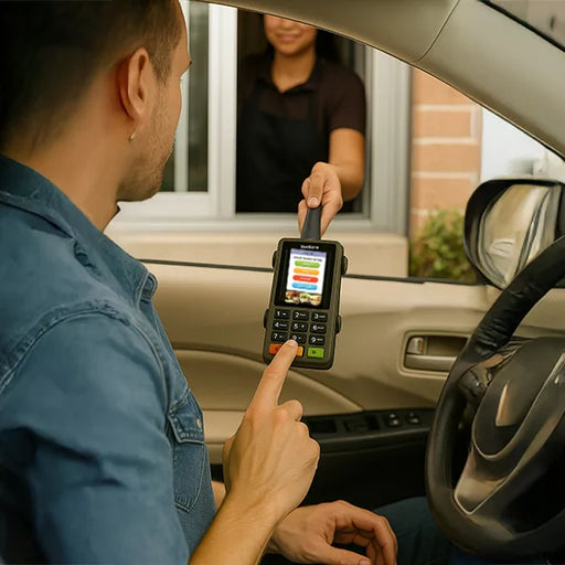 Customer using Shift4 Mobile POS Terminal in AgozTech drive-thru handheld mount at service window