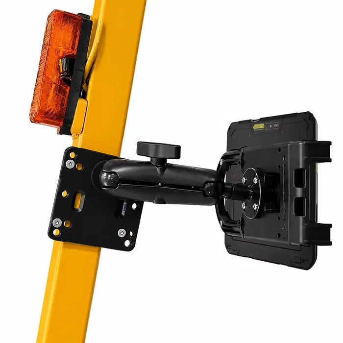 AgozTech Getac tablet forklift mount holder attached to forklift frame with adjustable arm