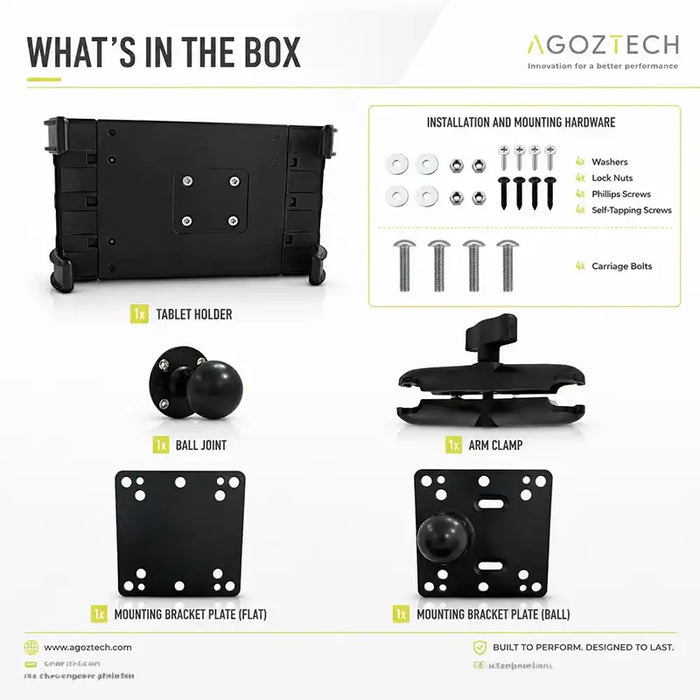 AgozTech forklift tablet mount holder kit with bracket plates, ball joint, arm clamp, and mounting hardware