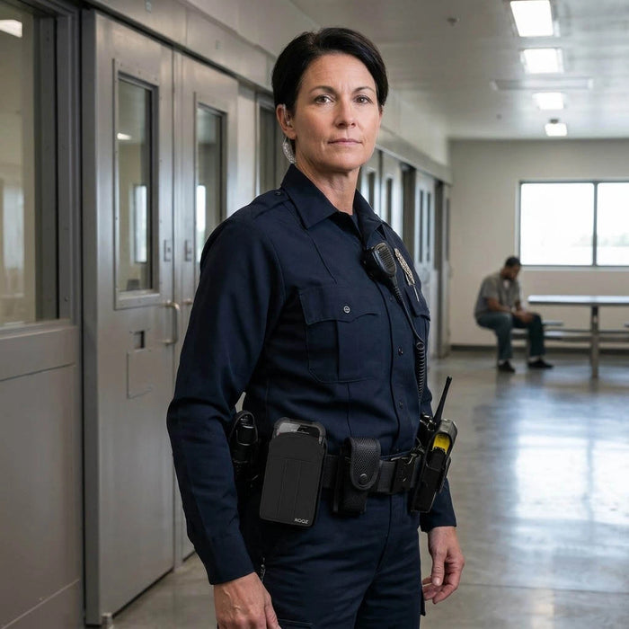 A correctional facility officer carrying a Guardian Spartan 3 RFID with Agoz branding belt waist holster