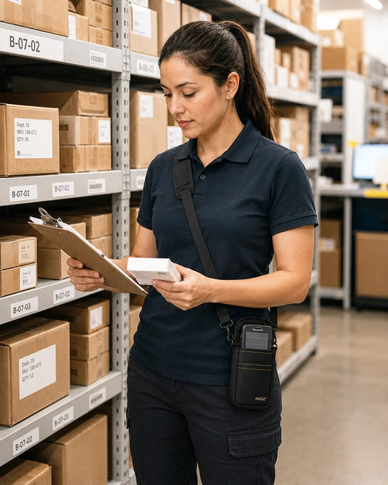 Honeywell shoulder sling holster worn crossbody by a warehouse worker checking inventory with a clipboard and small package.
