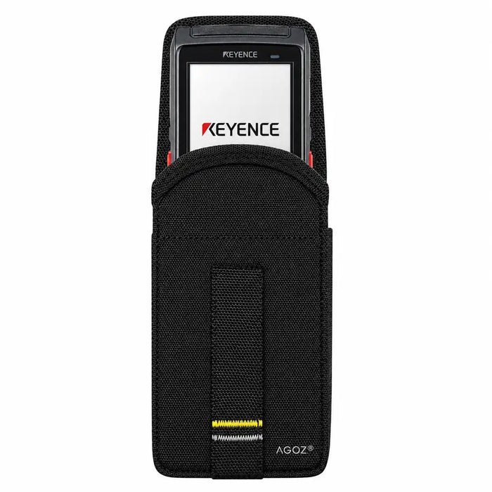Keyence handheld barcode scanner secured in a black AGOZ protective case on a clean white background