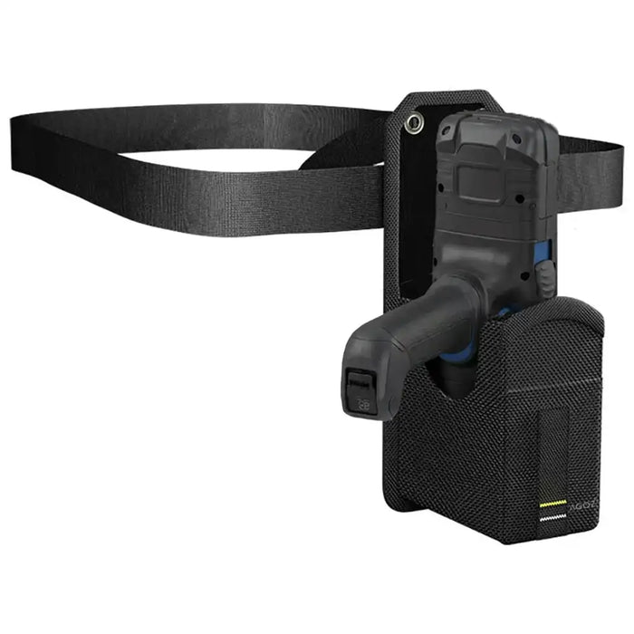 Honeywell rugged mobile computer with grip in a belt waist holster on a white background