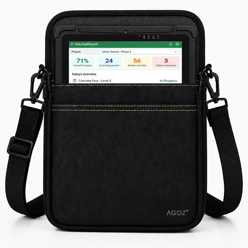 Black AgozTech tablet carrying case with shoulder sling holding a JLT rugged tablet on a white background.