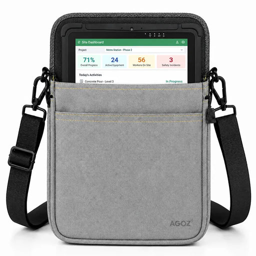 Gray AgozTech tablet carrying case with shoulder sling sized for a JLT rugged tablet.