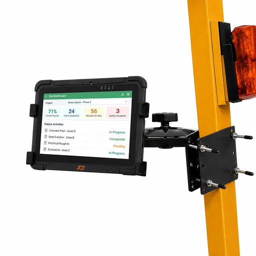 JLT rugged tablet secured in an AgozTech forklift mount holder attached to a yellow lift mast.