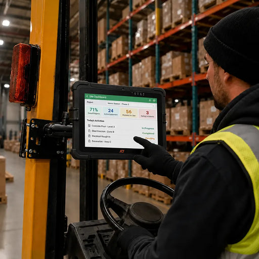 Forklift operator using a JLT tablet in an AgozTech mount holder inside a warehouse aisle.