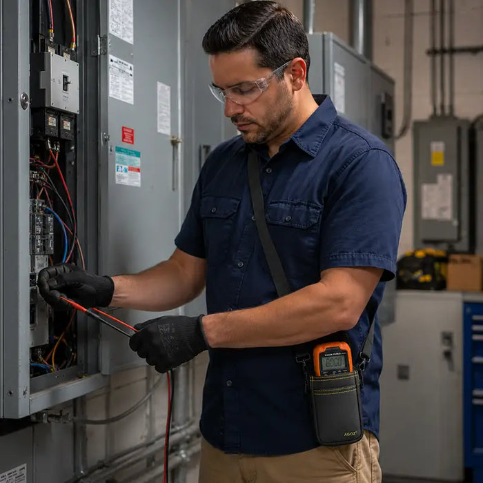 Electrician working at a panel, wearing the AgozTech Holster with Crossbody Sling for Klein Tools Multimeter 