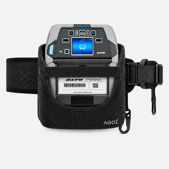 Front view of SATO PW4NX mobile printer secured inside an AgozTech black waist belt holster with buckle attachment.
