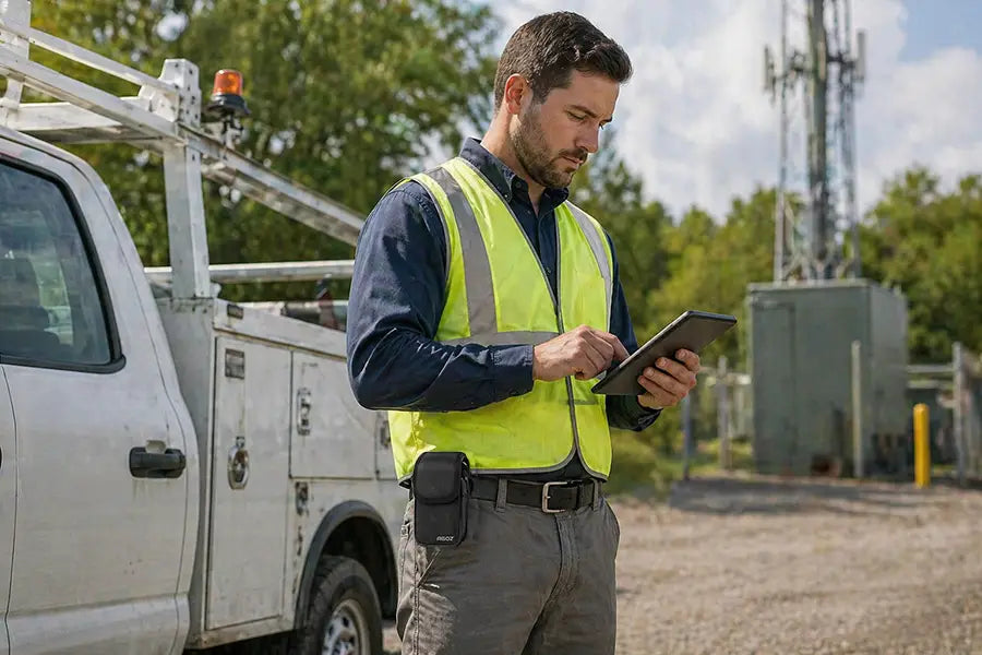 Field operations worker wearing an AgozTech black canvas Cisco wireless phone case on a waist belt at an outdoor utility worksite.