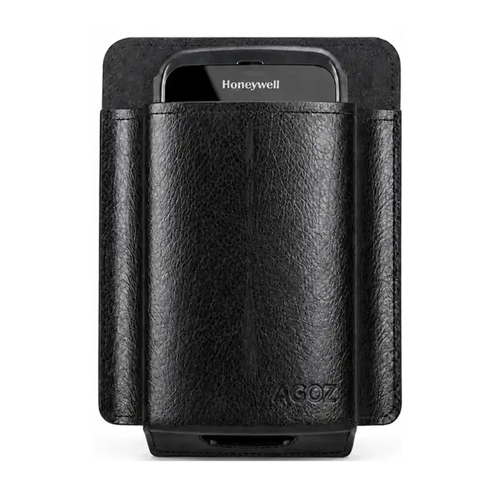 Front studio view of the leather Honeywell handheld scanner case with a Honeywell device inserted against a light gray background.