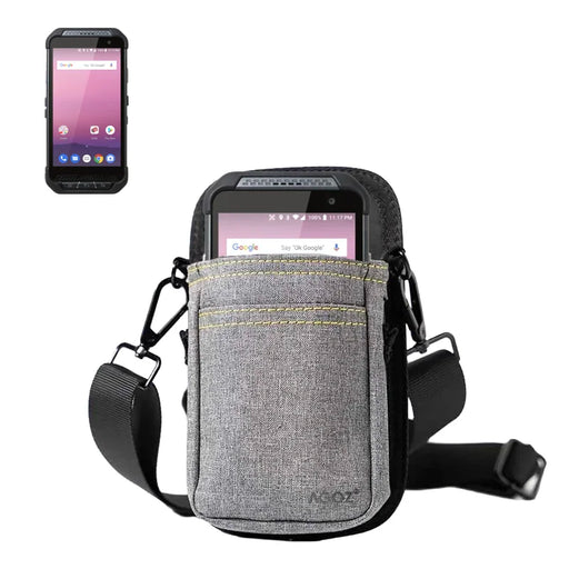 Point Mobile handheld scanner in gray AgozTech crossbody holster with shoulder sling