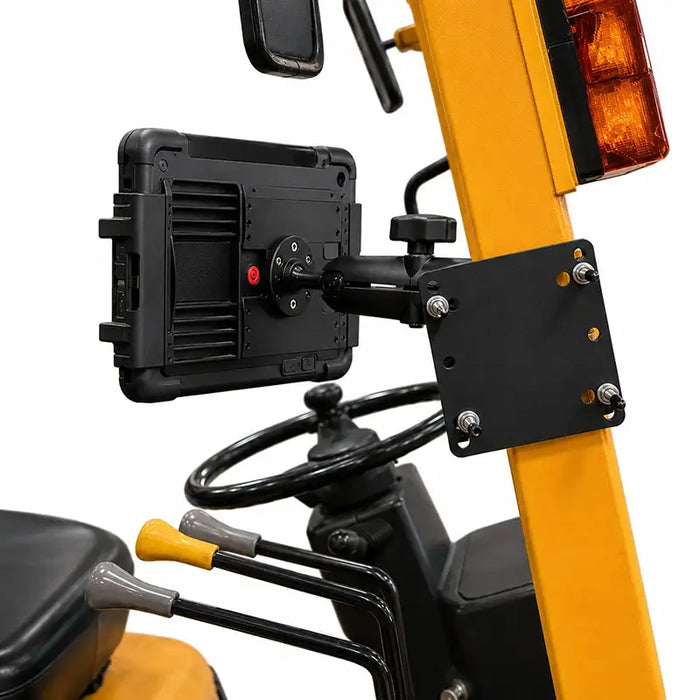 Rear view of the Unitech RT112 and adjustable Agoz tablet mount installed on a forklift upright