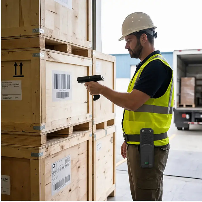 Worker wearing an Agoz waist belt scanner holster while scanning pallet labels on wood crates at a loading dock.