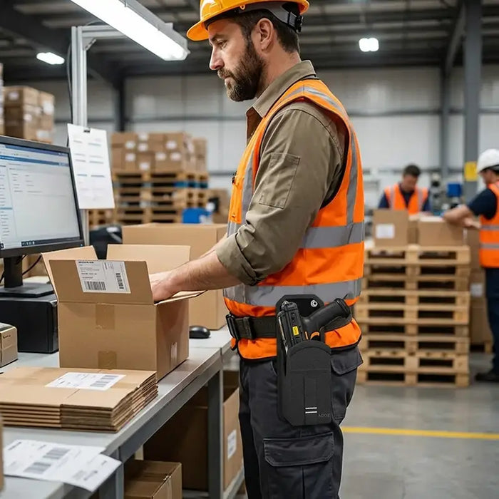 Worker wearing a Janam mobile computer waist belt holster while packing orders at a warehouse workstation during long-shift scanning tasks.
