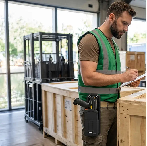 Logistics employee with a Point Mobile Computer terminal on his belt in a loading dock