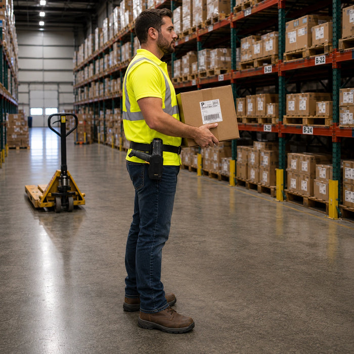 Worker wearing an Agoz Cognex DataMan 8700 waist belt holster carries a labeled carton during warehouse barcode audit and inventory movement workflows.