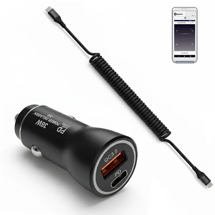 38W Fast Car Charger and USB-C Coiled Cable for SpotOn POS Handheld
