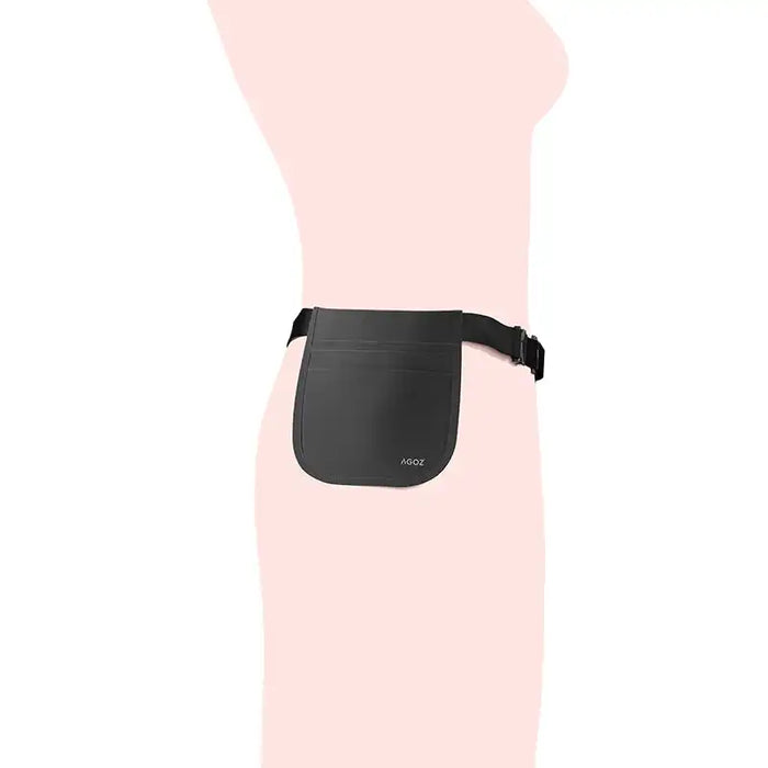 Side profile showing Agoz server apron pouch positioned at the waist for Stripe Reader S700 and S710