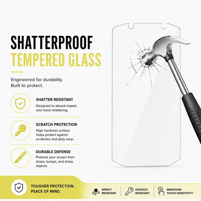 Infographic showing shatterproof tempered glass protection for Zebra TC70 / TC72 / TC75 rugged mobile computers