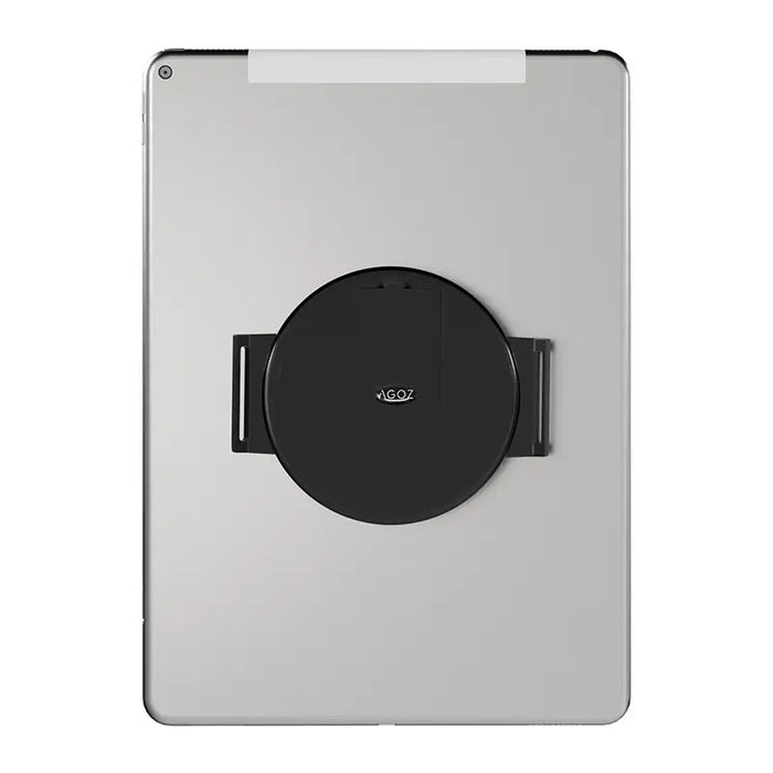 Rear view of a tablet with the circular Agoz hand grip mounting base attached