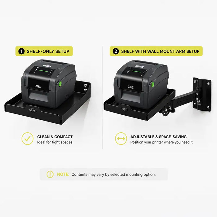 AgozTech black printer shelf shown as a shelf-only setup and adjustable wall mount arm setup with TSC desktop label printers.