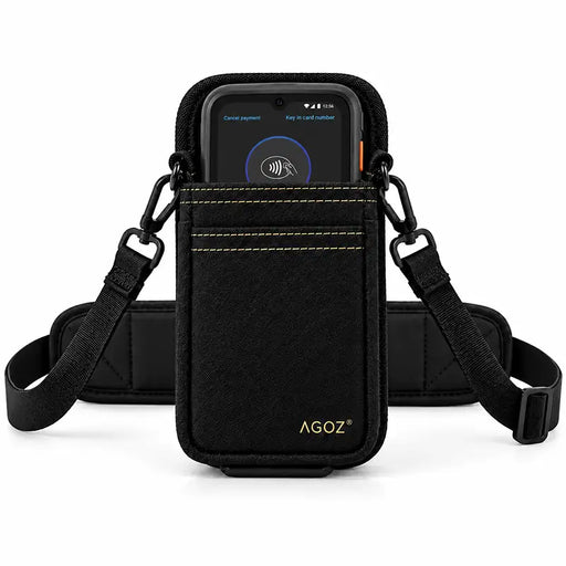 Front view of Agoz Toast Go 3 carrying case featuring a black adjustable crossbody strap, padded waist belt, and secure pouch for the handheld payment terminal.