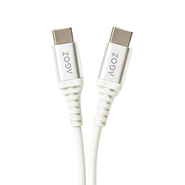 Close-up of white Agoz USB-C to USB-C charging cable connectors with reinforced ends for iMin mobile POS terminal charging.